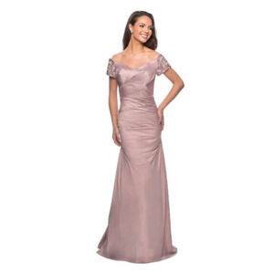 La Femme 25996 Champagne Beaded Off the Shoulder Pleated Formal Gown Size 10